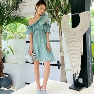 shoulder drop blue dress